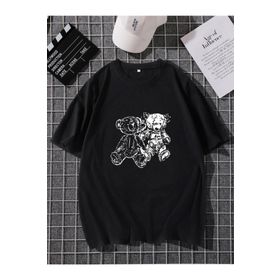 Trendseninle Çizgili Ayı Baskılı Siyah Oversize Erkek T-shirt