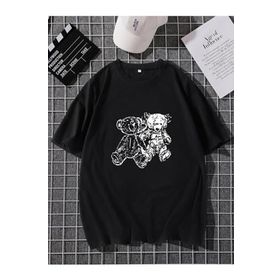 Trendseninle Çizgili Ayı Baskılı Siyah Oversize Erkek T-shirt