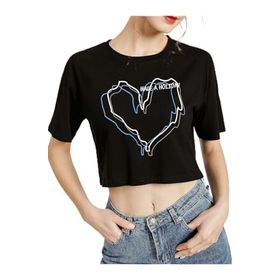 Trendseninle Çizgili Figür Kalp Baskılı Siyah Oversize Crop Kadın T-shirt