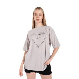 Trendseninle Çizgili Figür Kalp Boyamalı Gri Kadın T-shirt