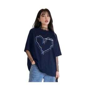 Trendseninle Çizgili Figür Kalp Lacivert Have A Holiday Baskılı Koyu Lacivert Kadın T-shirt