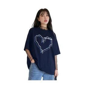 Trendseninle Çizgili Figür Kalp Lacivert Have A Holiday Baskılı Koyu Lacivert Kadın T-shirt