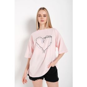 Trendseninle Çizgili Figür Kalp Pudra Pembe Have A Holiday Baskılı Pudra Pembe Kadın T-shirt