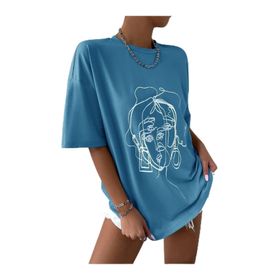 Trendseninle Çizgili Figür Oversize İndigo Oversize Kadın T-shirt