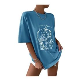 Trendseninle Çizgili Figür Oversize İndigo Oversize Kadın T-shirt