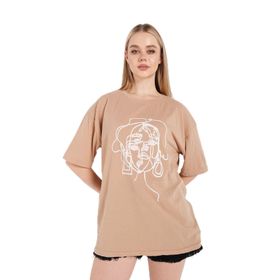 Trendseninle Çizgili Figür Vizon Oversize Kadın T-shirt