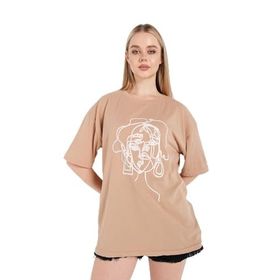 Trendseninle Çizgili Figür Vizon Oversize Kadın T-shirt