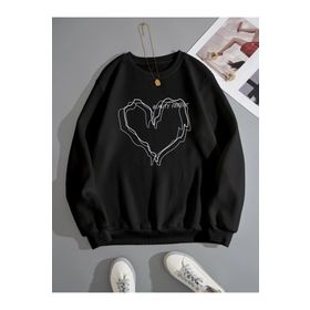 Trendseninle Çizgili Kalp Baskılı Siyah Oversize Kadın Sweatshirt