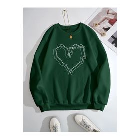 Trendseninle Çizgili Kalp Baskılı Yeşil Oversize Kadın Sweatshirt