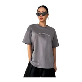 Trendseninle Clarity And Candor Baskılı Füme Oversize Kadın T-shirt