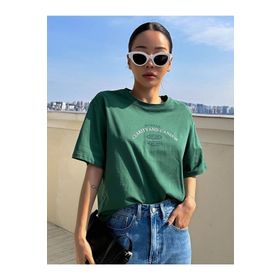 Trendseninle Clarity And Candor Baskılı Nefti Yeşil Oversize Kadın T-shirt
