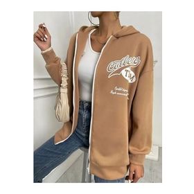 Trendseninle College Baskılı Kahverengi Fermuarlı Oversize Kadın Sweatshirt