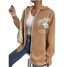 Trendseninle College Baskılı Kahverengi Fermuarlı Oversize Kadın Sweatshirt