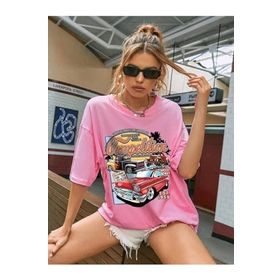 Trendseninle Compeltition Baskılı Pembe Oversize Kadın T-shirt