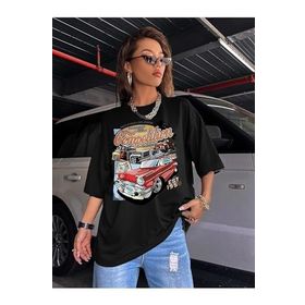 Trendseninle Compeltition Baskılı Siyah Oversize Kadın T-shirt
