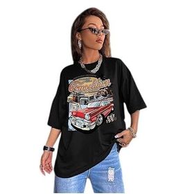 Trendseninle Compeltition Baskılı Siyah Oversize Kadın T-shirt