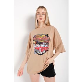 TrendSeninle Compeltition Baskılı Vizon Oversize Kadın T-shirt