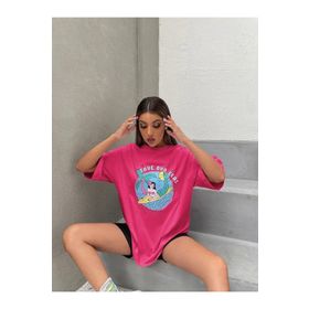 Trendseninle Deniz Kızı Baskılı Fuşya Pembe Oversize Kadın T-shirt
