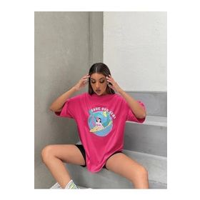 Trendseninle Deniz Kızı Baskılı Fuşya Pembe Oversize Kadın T-shirt