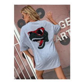 Trendseninle Dinazor Sırt Baskılı Gri Oversize Kadın T-shirt