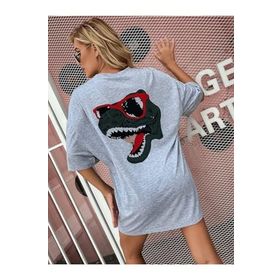 Trendseninle Dinazor Sırt Baskılı Gri Oversize Kadın T-shirt