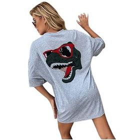 Trendseninle Dinazor Sırt Baskılı Gri Oversize Kadın T-shirt