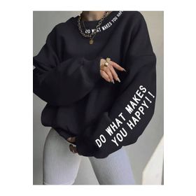 Trendseninle Do What Makes Baskılı Siyah Bisiklet Yaka Oversize Kadın Sweatshirt
