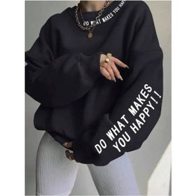 Trendseninle Do What Makes Baskılı Siyah Bisiklet Yaka Oversize Kadın Sweatshirt