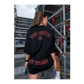 Trendseninle Dream Siyah Baskılı Oversize Kadın T-shirt