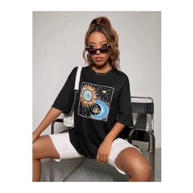 Trendseninle Dünya Renkli Baskılı Siyah Oversize Kadın T-shirt