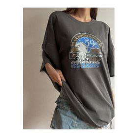 Trendseninle Eagle Stermn Baskılı Füme Oversize Kadın T-shirt