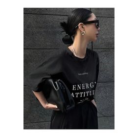 Trendseninle Energy Attitude Baskılı Siyah Oversize Kadın T-shirt