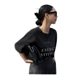 Trendseninle Energy Attitude Baskılı Siyah Oversize Kadın T-shirt