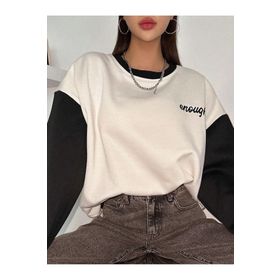 Trendseninle Enough Baskılı Beyaz Siyah Kol Detay Oversize Kadın Sweatshirt