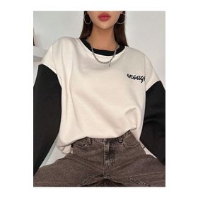 Trendseninle Enough Baskılı Beyaz Siyah Kol Detay Oversize Kadın Sweatshirt