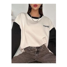 Trendseninle Enough Baskılı Beyaz Siyah Kol Detay Oversize Kadın Sweatshirt