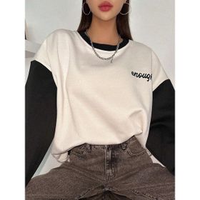 Trendseninle Enough Baskılı Beyaz Siyah Kol Detay Oversize Kadın Sweatshirt