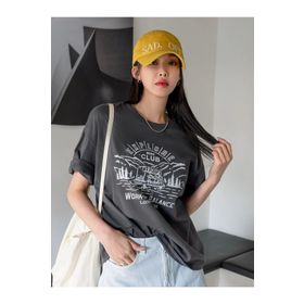 Trendseninle Explore Baskılı Koyu Gri Bisiklet Yaka Oversize Kadın T-shirt