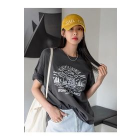 Trendseninle Explore Baskılı Koyu Gri Bisiklet Yaka Oversize Kadın T-shirt