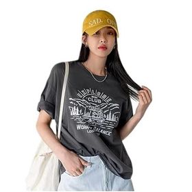 Trendseninle Explore Baskılı Koyu Gri Bisiklet Yaka Oversize Kadın T-shirt