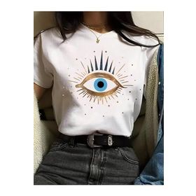 Trendseninle Eye Baskı Beyaz Regular Kadın T-shirt