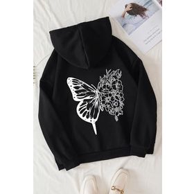 Trendseninle Flower Butterflies Baskılı Siyah Oversize Hoodie Kadın Sweatshirt