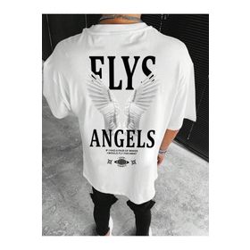 Trendseninle Flys Angels Baskılı Beyaz Oversize Erkek T-shirt