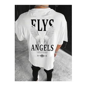 Trendseninle Flys Angels Baskılı Beyaz Oversize Erkek T-shirt
