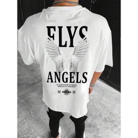 Trendseninle Flys Angels Baskılı Beyaz Oversize Erkek T-shirt