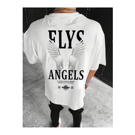 Trendseninle Flys Angels Baskılı Beyaz Oversize Erkek T-shirt