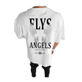 Trendseninle Flys Angels Baskılı Beyaz Oversize Erkek T-shirt