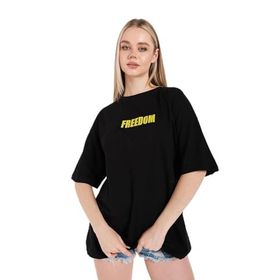 Trendseninle Freedom Siyah Baskılı Oversize Kadın T-shirt