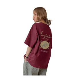 Trendseninle Fructification Baskılı Bordo Oversize Kadın T-shirt