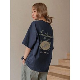 Trendseninle Fructification Baskılı Lacivert Oversize Kadın T-shirt